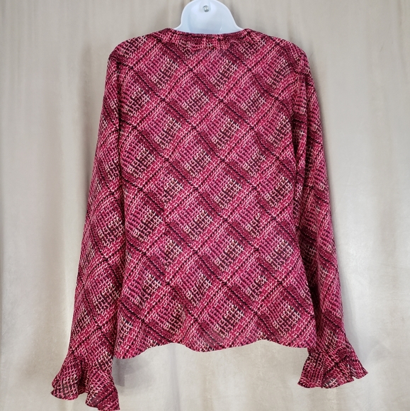 NWOT i.e. pink digital print ruffled silk button down blouse Womens Medium - Picture 4 of 7